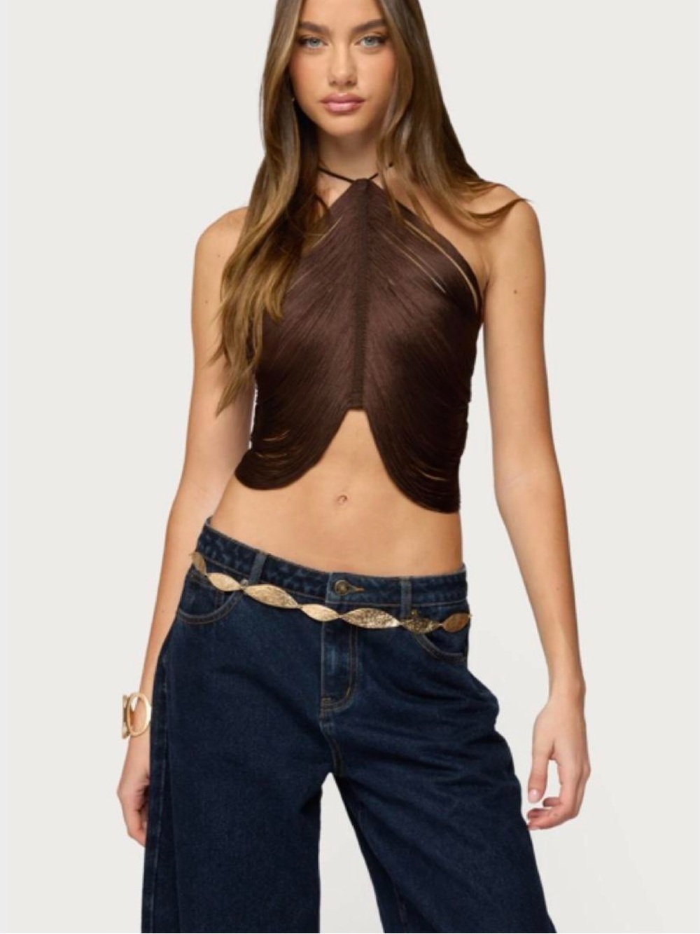 Edikted Brown Halter Crop Top with Scallop Hem